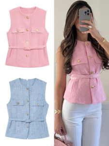 เสื้อกั๊กผู้หญิงทรงหรูหรา สีพื้น คอวี ติดกระดุมโลหะ แขนกุด เสื้อกั๊กทำงาน สไตล์ลำลอง เสื้อคลุมเบลเซอร์