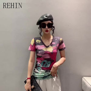 REHIN Womens top Summer fashion mesh printed short-sleeved T-shirt V-neck Korean stylish with floral pattern design slim fit S-3XL blouse