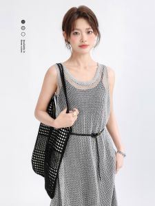 Chic Knitted Long Dress Set Vintage Korean Style Summer New Arrival Age-Defying Strapless Gown Elegant Womens Fashion Ensemble