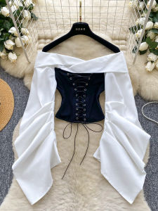 Áo Sơ Mi Nữ Dáng Ôm Dài Tay Xếp Ly Eo Thắt Nơ Vai Một Bên Tay Áo Dài Tay Mùa Thu 2025 Phong Cách Mới Thiết Kế