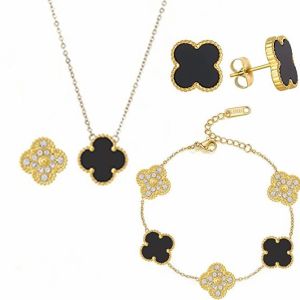 BESFOME Luxury Fashion Jewelry 18k Gold Plated Lucky Diamond Double Sided Stainless Steel Four Leaf Clover Jewelry Set