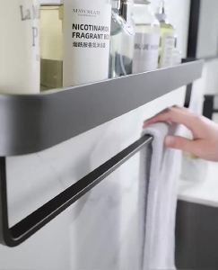 ชั้นวางของในห้องน้ำ ที่วางของ ติดผนัง ที่วางครีมอาบน้ำ ชั้นวางแชมพู แบบมีราวแขวน ชั้นเก็บของติดผนัง พร้อมราวแขวนผ้าเช็ดตัว ติดตตั้งง่าย