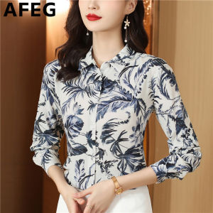 AFEG New Korean Shirt Collar Fashion Loose Versatile Retro Ink Leaf Print Chiffon Long Sleeve Blouse for women