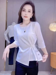 Slimming Effect Drawstring round Neck mid Sleeve T Shirt Women Summer New Fashion Waist Cinching Trendy Base Shirt Top