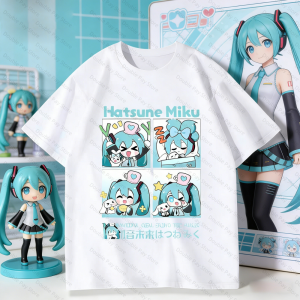 Bandai | Cute Hatsune miku 4-Panel Cartoon T-Shirt Anime Kawaii Graphic Casual Tops Streetwear Kids Tshirt Mens Shirts Woman t-shirts