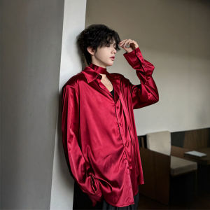 Red Satin Shirt with Shoulder Pads Inner Wear Sash New Chinese Style Mens Loose Fit Polyester Fiber Long Sleeve All Seasons