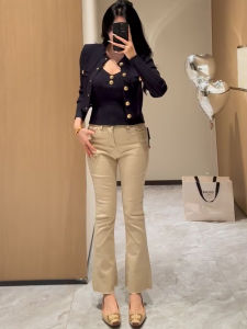 Khaki High Waist Slimming Flared Jeans Womens Casual Cotton Stretch Denim mid Rise Slim Fit Nine Point Pants