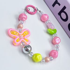 Pink Butterfly Wrist Chain Painted Graffiti Beaded Chain Tulip Phone Chain Key Chain Bag Accessories