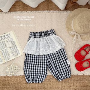 Bộ Đầm Caro Hè Cho Bé Gái Có Viền Ren Áo Dạ Mỏng Quần Dài Thoáng Khí