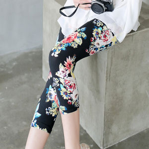 Summer Floral Print Slim Fit Seven-Foot Pants Womens Thin Printed Base Layer Pants High Waist Artificial Fiber Skirt Pants