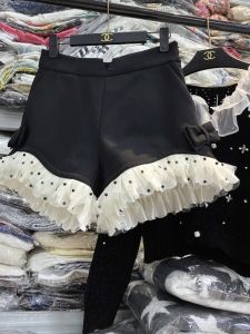 Quần Ống Rộng Cạp Cao Thêu Ren Đen Đa Năng Thắt Nút Bướm Quần Ống Rộng Chữ A Quần Dài Thường Ngày Quần Ống Rộng Mùa Thu