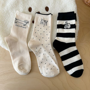 White Cotton Mid-Calf Socks for Women Spring Autumn Style Adorable Dog Pattern Breathable Sweat Absorbent Home Comfort Stockings