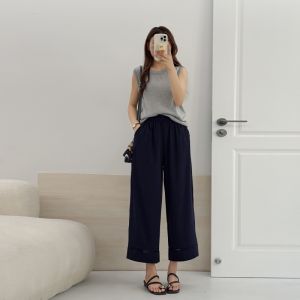 กางเกงขายาวทรงตรงเอวยางยืดสำหรับผู้หญิงไซส์ใหญ่ ฤดูร้อน 2025 ดีไซน์ใหม่ ผ้าลูกไม้ รูดเชือกผูก กระดุม ทรงหลวม