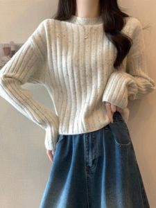 Chic Short Knitted Sweater Womens Thickened Half High Collar Autumn Winter Warm Top Commute Style Loose Fit Long Sleeve