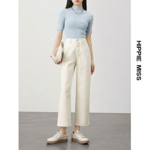 HIPPIE MISS | Bohemian Girl White Jeans Small Size Early Spring New Wide High Waist Cropped Tapered Straight Cut
