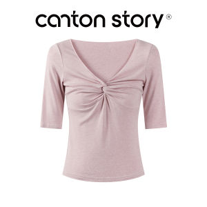Cantonstory | Áo thun nữ tay lỡ cổ V màu hồng thiết kế xoắn chiết eo tôn dáng