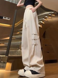 New Chinese Style Womens Pants Summer Thin Ice Silk Loose Wide Leg Large Size High Waist Straight Cut High Waist Trousers