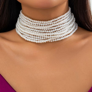 Multilayer Elegant Imitation Pearl Chunky Beads Chain Necklace for Women Wedding Bridal Goth Clavicle Choker Neck Accessories
