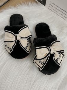 Fluffy Slippers Female K-style Fashion Fall and Winter Interior Home Ins Style Graceful Bow Thermal Cotton Slippers Female