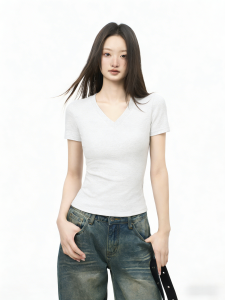 QIAOCHENXIAN | V-Neck Short Sleeve T-Shirt Slim Fit Womens Blouse
