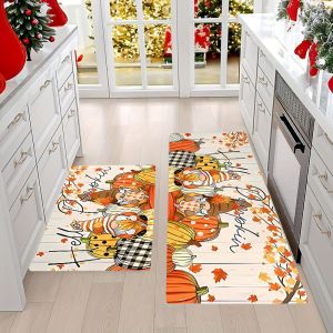 VIKAMA 1/2Pcs Thanksgiving Gnome Pumpkin Floor Mat Fall Maple Leaf Wooden Print Non‑Slip Kitchen Rug Entrance Doormat Home Decor