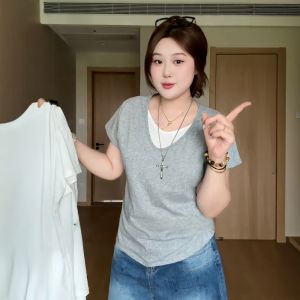 Áo Thun Tay Ngắn Cổ Chữ V Màu Trắng Cỡ Lớn Mùa Hè Dáng Rộng Thoải Mái Cho Nữ