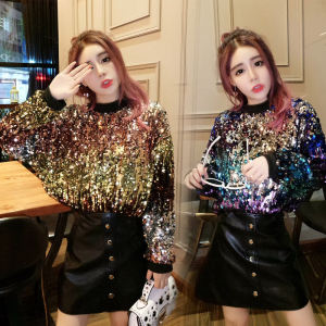 Ozhouzhan Spring and Autumn Stage Performance Wear Shiny Focus Gradient Sequined round Neck Pullover Long sleeve Short Hoodie Outerwear