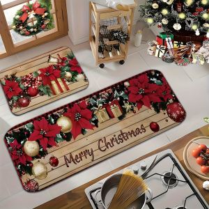 VIKAMA Poinsettia Giáng Sinh Thảm Trải Sàn Nhà Bếp Chống Trơn Trượt Tấm Ván Gỗ Thảm Cho Lối Vào Ngày Lễ Trang Trí Polyester Mềm Thảm Nhà