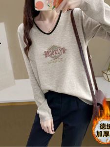 Dralon Long Sleeves Bottoming Shirt for Women Inner Match Slimming Fall and Winter Plus Size Plus Size Ladies Printing plus Velvet Thickened Loose-Fitting T-shirt Top