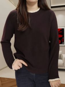 round Neck Base Shirt Spring New High End Velvet Inner Wear T Shirt Splicing Lace Trim Design Sense Elegance Top