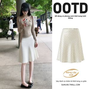 SUHUIQIAN | Chân Váy Midi Chấm Bi Phong Cách Retro Elegance