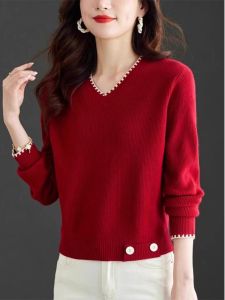 WANGGONGZHU | Princess Style V-Neck Short Cashmere Sweater Womens Fashionable Autumn Winter Knitted Woolen Top Loose Fit Korean Version