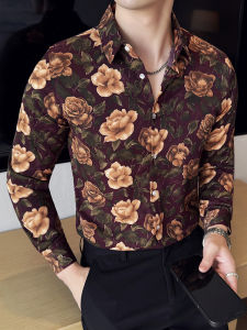 เสื้อเชิ้ตแขนยาวทรงสลิมฟิตสำหรับผู้ชาย สไตล์วินเทจ แฟชั่นฤดูใบไม้ร่วง คุณภาพสูง เสื้อเชิ้ตคอเหลี่ยมลายดอกไม้แบบลำลอง