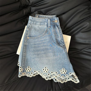 QIAONIAOGE | Light Blue Hollow Out Floral High Waist Denim Shorts Women Summer Slim A-Line Loose Hot Pants Small Size Jeans Casual Shorts