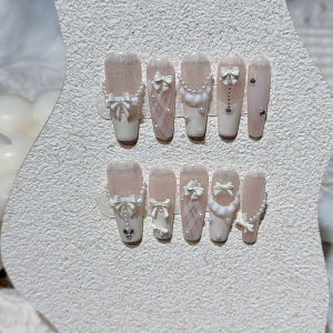 Cute 3D Pearl Bow French Handmade Press On Nails Sweet Plaid Skirt Ballet Long Nail Art Beaded Glitter White Fake Nails