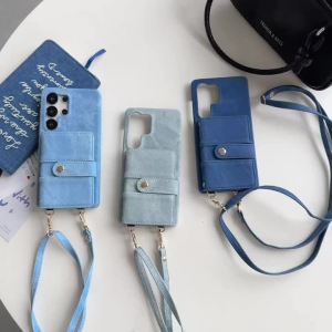 Luxury Solid Color Denim Wallet Card Slot One Buckle Lanyard Phone Case For Samsung S25 Ultra S23 S24 Ultra Bumper Back Cover