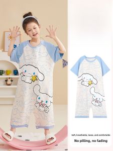 miiow | Cat Girl Childrens Summer Lightweight Pure Cotton Onesie Sleepwear Soft Breathable Cute Cartoon Girl Home Clothes
