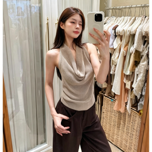 YUEZHONGWEI | Halter Neck Backless Slim Fitting Red Ice Silk Knit Sleeveless Top Summer