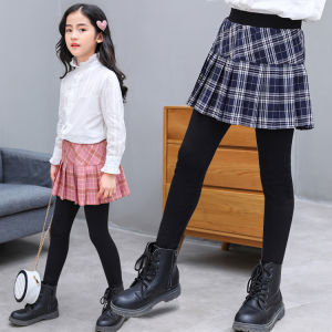 Girls Plaid Skirt Pants Fleece Lined Base Layer Spring Autumn Kids Clothing Princess Style High Waist Cotton Trousers