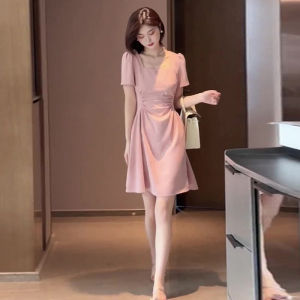 QFN | Elegant Petite French Style Pink Ruffled Summer New Arrival Dress