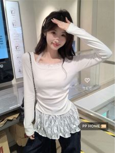 Fashionable Lace Splice Hanging Neck Knitted Sweater Womens Autumn Winter White Sweet Base Layer Elegant Top Trendy