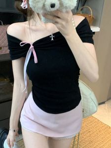 Áo Thun Modal Mùa Hè Hở Vai Một Bên Vai Thắt Nơ Tay Ngắn Thời Trang Cho Nữ Áo Thun Cotton Phong Cách Đường Phố Thường Ngày