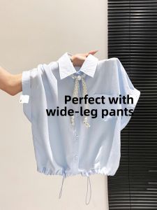 V.C.I | Dotted Ribbon Short Sleeve Collar Shirt Loose and Slim Fit Waist-Cinching Short Top