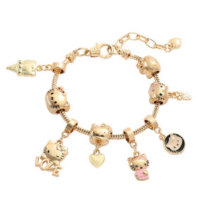 Sanrio | Kawaii Hello Kitty Beaded Bracelet - Zinc Alloy Gold Tone DIY Charms with Love & Heart Pendants Gift for Kitty Fans