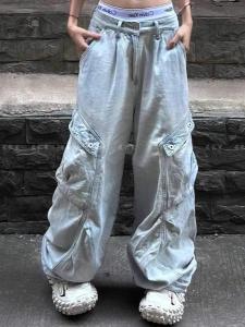 Retro Y2K Millennium Style Womens Long Vintage Workwear Denim Jeans Multi-Pocket High Waist Loose Fit All-Season Solid Color