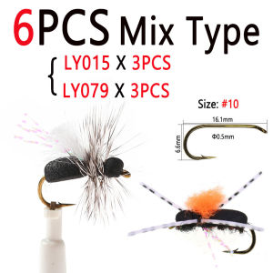 Bimoo 6pcs #10 Grizzly Hackle Foam Ant Fly Floating Black Dry Fly Para Post Wing Beetle Insect Bait Trout Char Fishing Lures