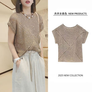 เสื้อสเวตเตอร์คอปกกลมแขนสั้นสไตล์เกาหลีสำหรับผู้หญิงในช่วงฤดูร้อน ดีไซน์วัสดุอื่นๆ แบบหลวมๆ ลำลอง