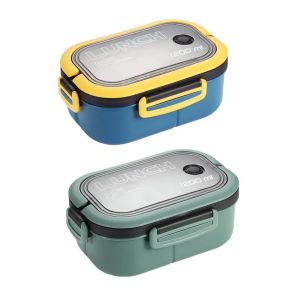Portable Sealed Lunch Box 2 Layer Mesh Kids Leak Proof Bento Snack Box with Cutlery Microwave Safe Food Storage Container