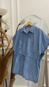 Meltz.id - Atasan Kemeja Jeans Oversize Lengan Pendek Wanita Dewasa Kerut Pinggang