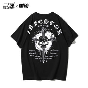 Loose Punk Skull Print Cotton T-Shirt Streetwear Hip Hop Dance Big Size Mens Short Sleeve Bboy Fashion Summer Youth Trend